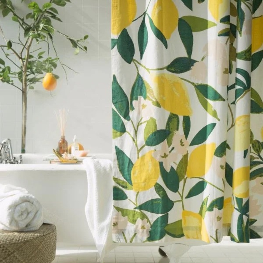 Urban Outfitters Allover Fruits Lemon Shower Curtain & Squeeze the Day Bath Mat